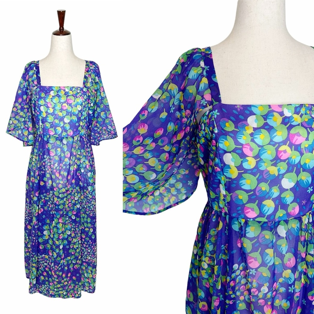 Vintage 60s 70s Purple Retro Mod Floral Flutter Sleeve Dress